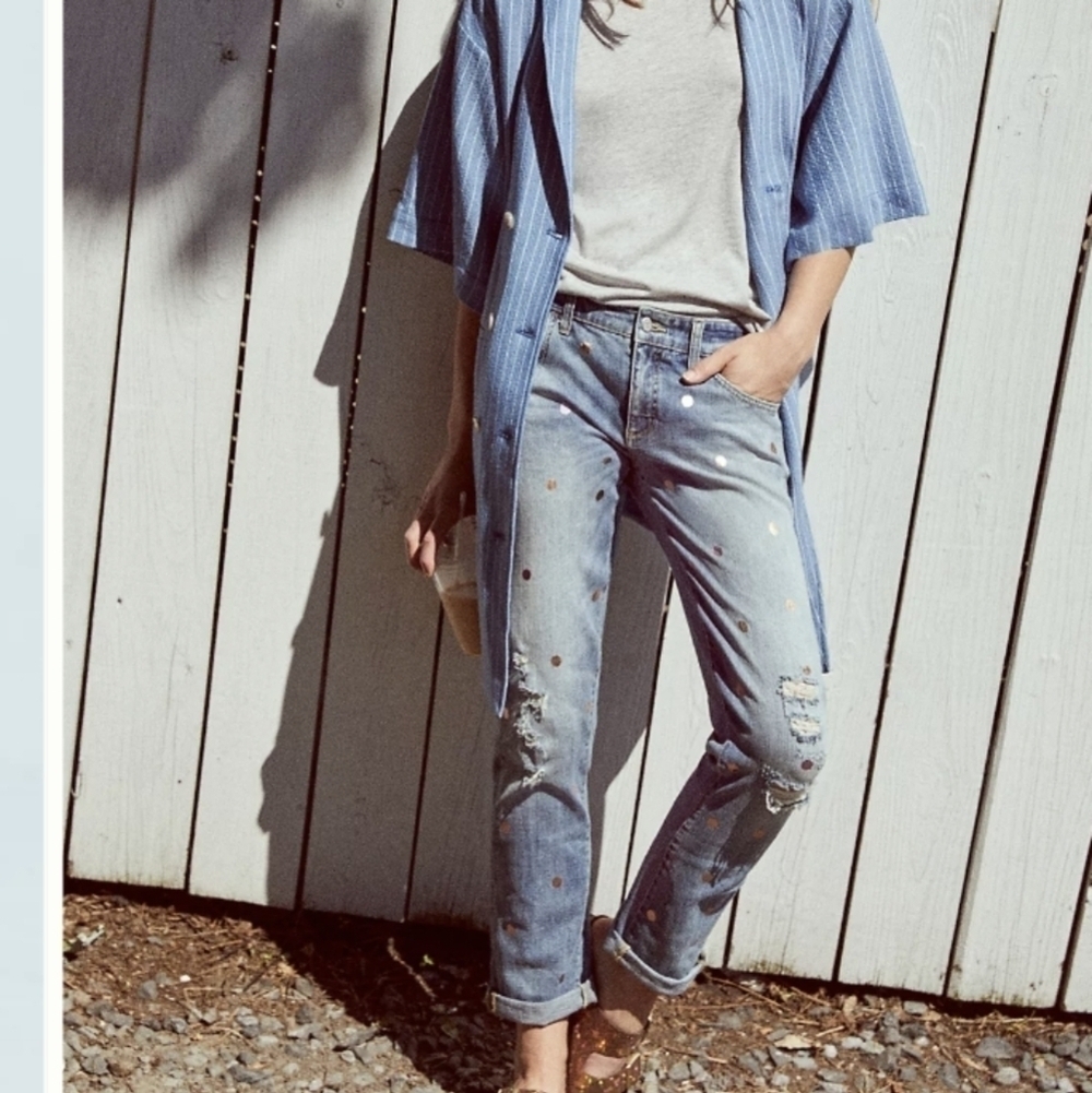 Anthropologie Pilcro Polka Dot Mid-rise Boyfriend Distressed Cropped Jeans Sz 26